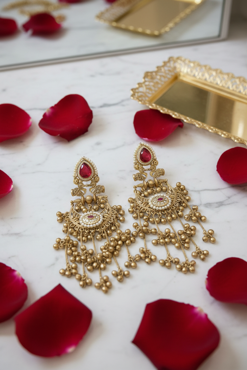 Ruby chandbali on marble vanity with roses