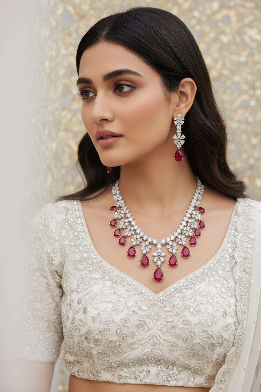 Ruby Crystal Set - Indian Model White Lehenga Studio