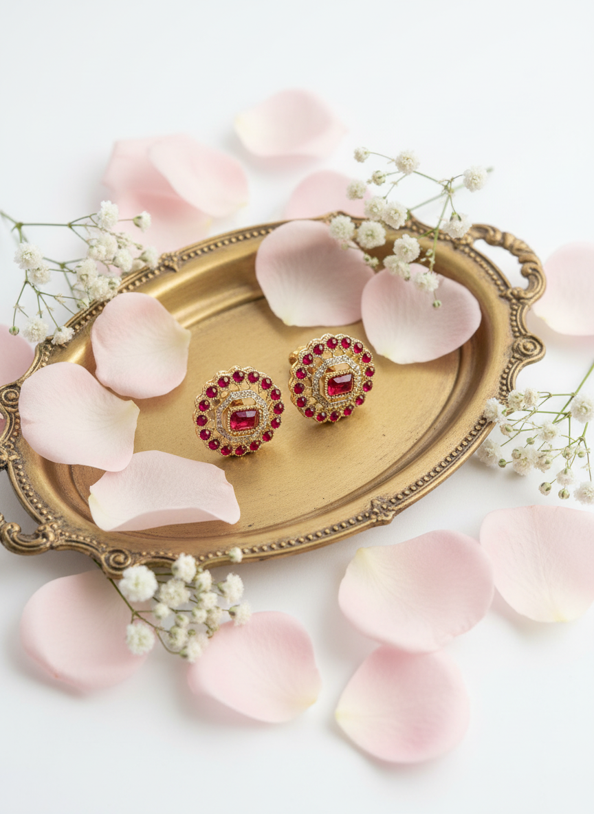 Ruby earrings vintage tray