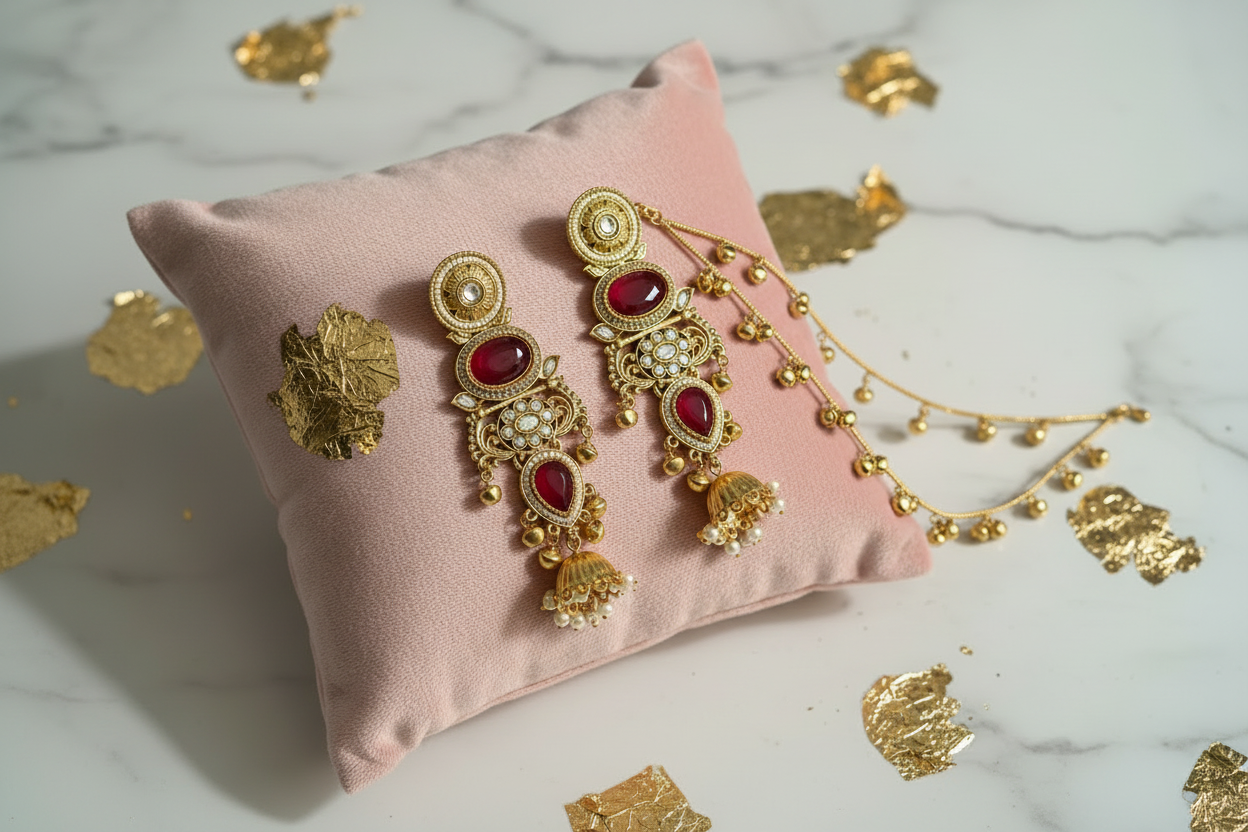 Ruby Red Earrings on Pink Velvet Cushion