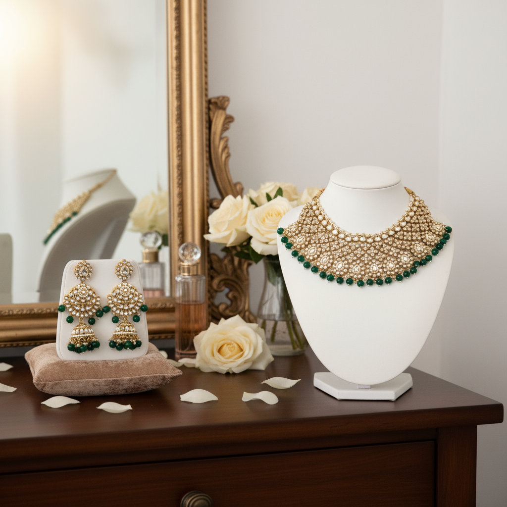 Semi Bridal Gold & Green Necklace Set with Earrings