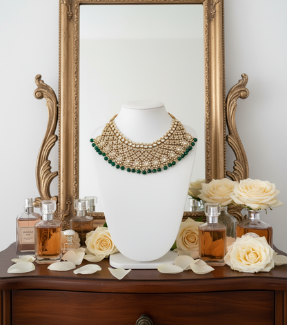 Semi Bridal Gold & Green Necklace Set