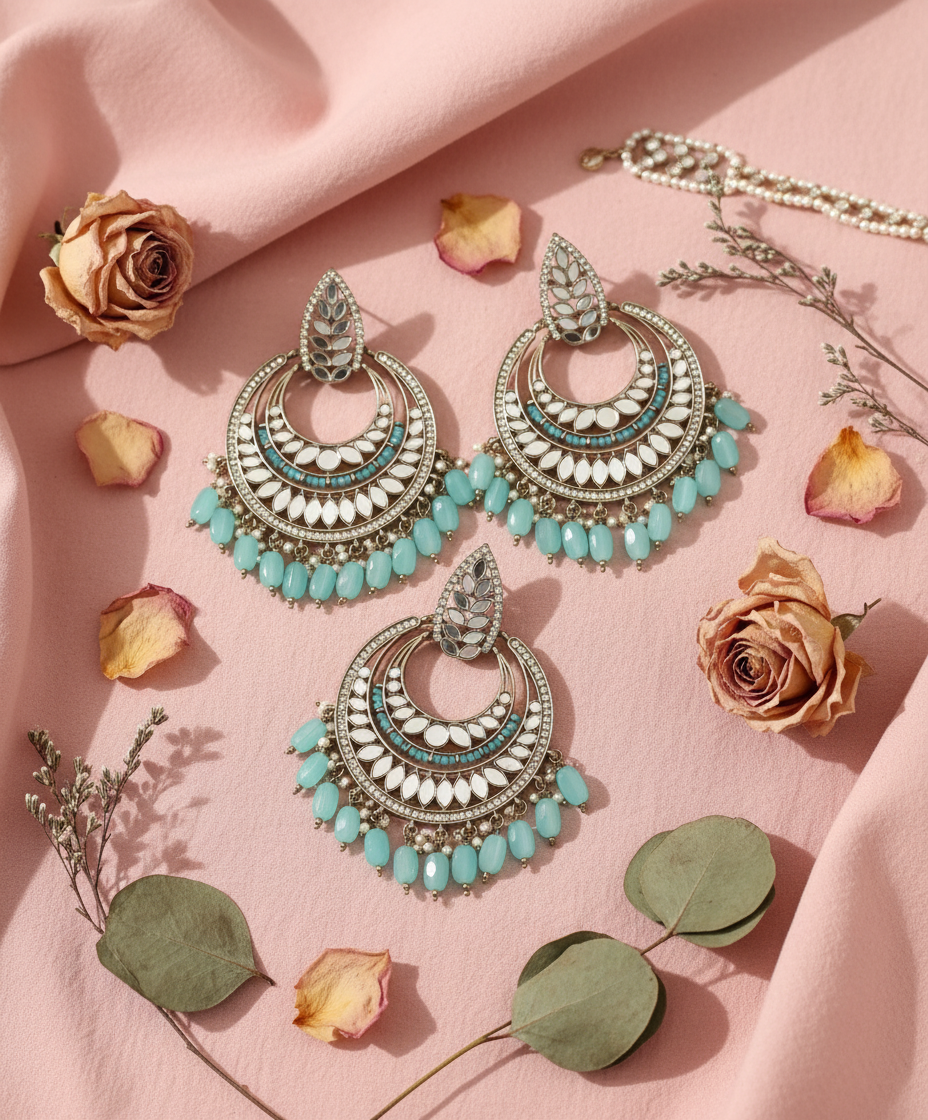 Silver chandbali set with rose petals