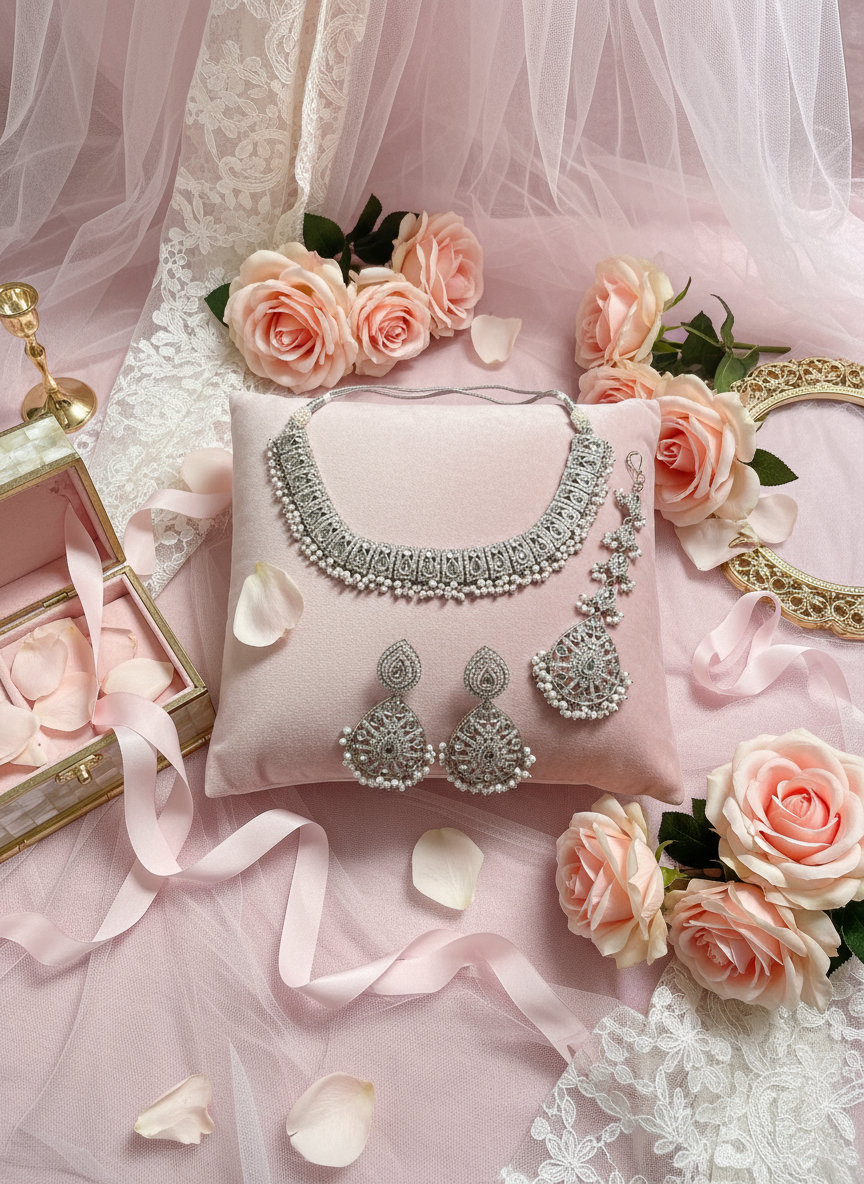 Silver Jewelry with Pink Floral Decorations