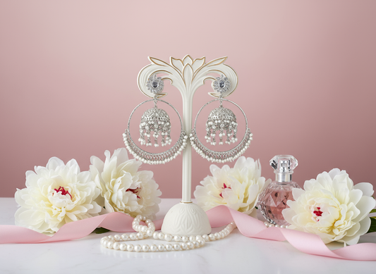 Silver Jhumki Earrings on Stand - Romantic Styled Photography