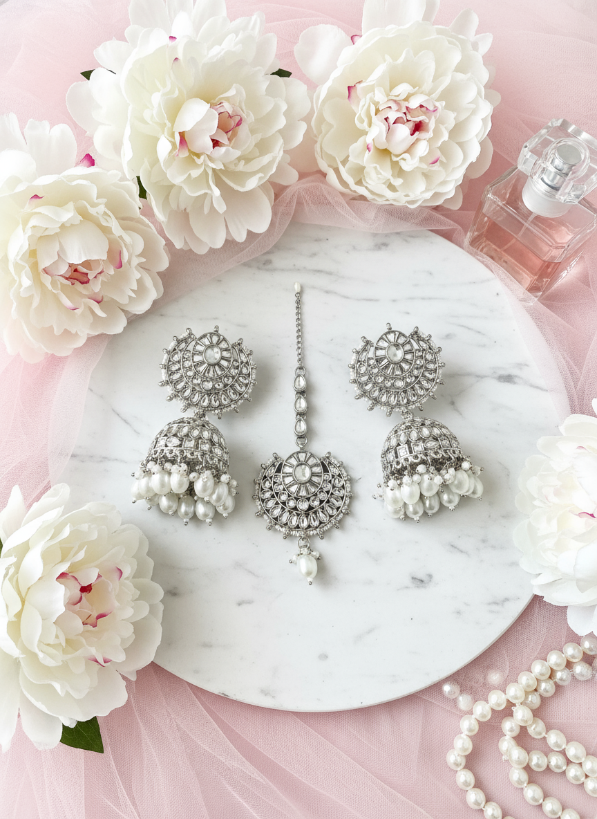 Silver Jhumki Earrings & Tikka Set