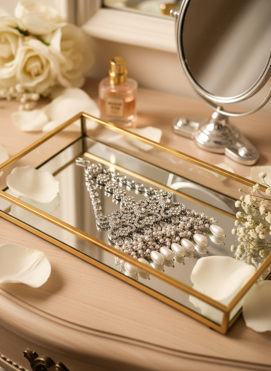 Silver maang tikka on luxury tray