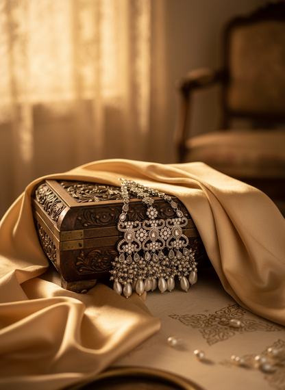 Silver maang tikka on vintage jewelry box