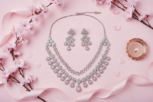 Silver & Pink Bridal Jewelry Set – Editorial Flatlay