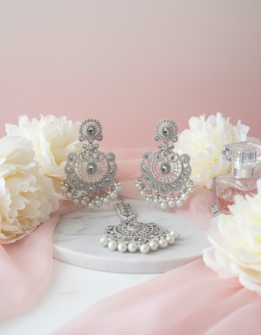 Silver & White Pears Earrings Tikka Set with romantic blush pink styling