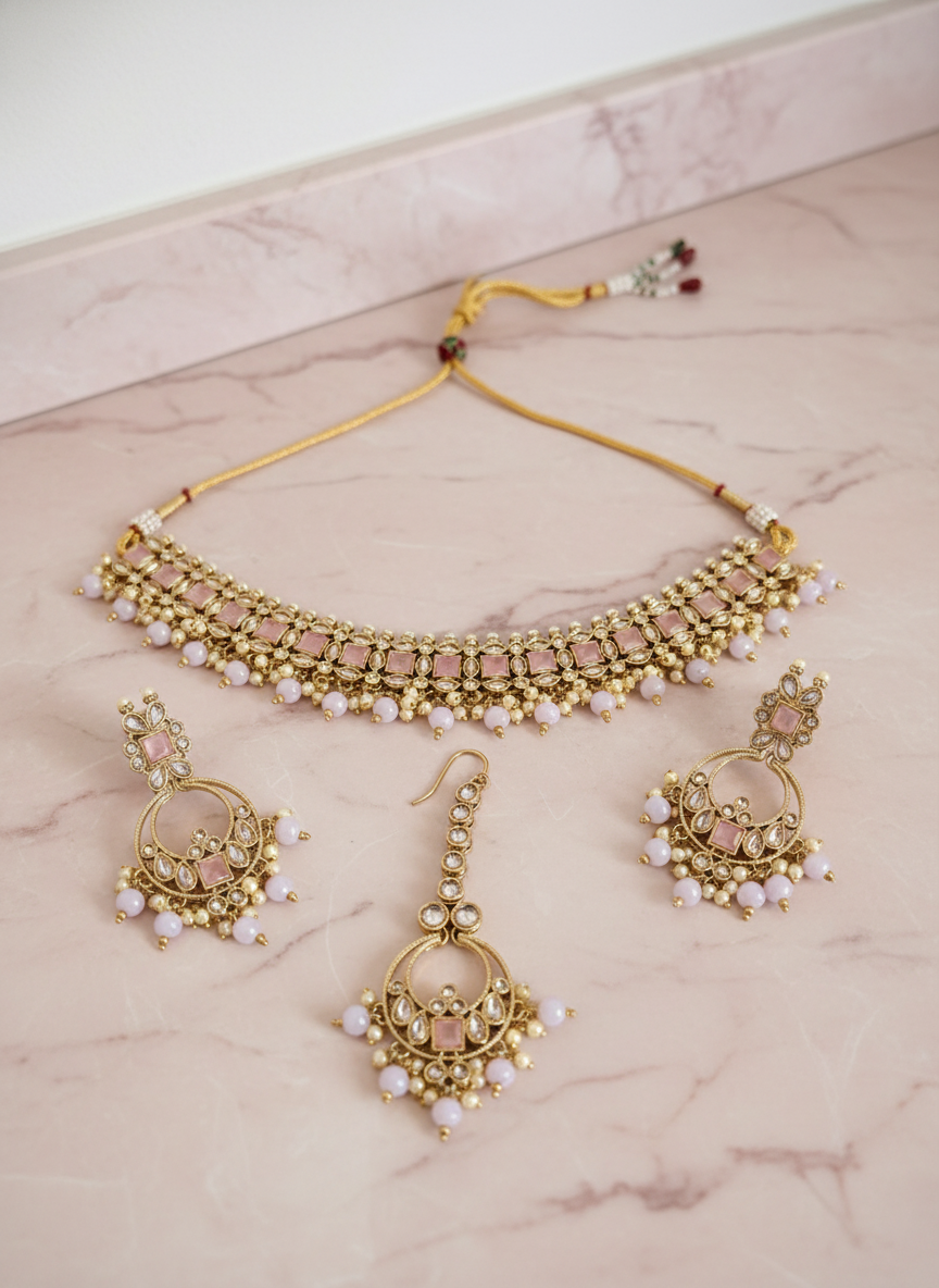 Updated jewelry set with blush pink background
